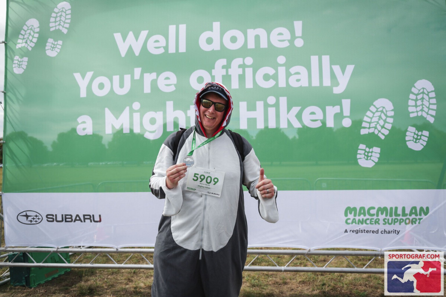 Luke at Macmillan Mighty Hike dressed as a shark